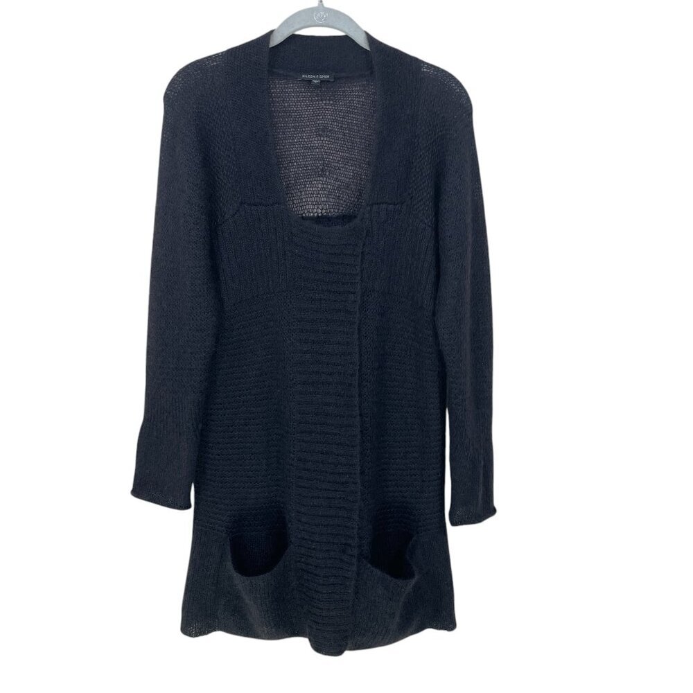 Eileen Fisher Sweater Cardigan Size S‎ Black Mohair Wool Long Quite Luxury Boho